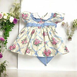 Vtg Cottage core Baby Prairie Twirl Dress Bow Collar Girl Cabbage Rose Lace Trim